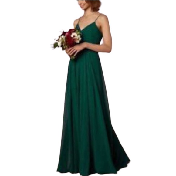 New BHLDN x Jenny Yoo Inesse 4 / Sm Green Chiffon V-Neck Circle Skirt Maxi Gown - Picture 7 of 8